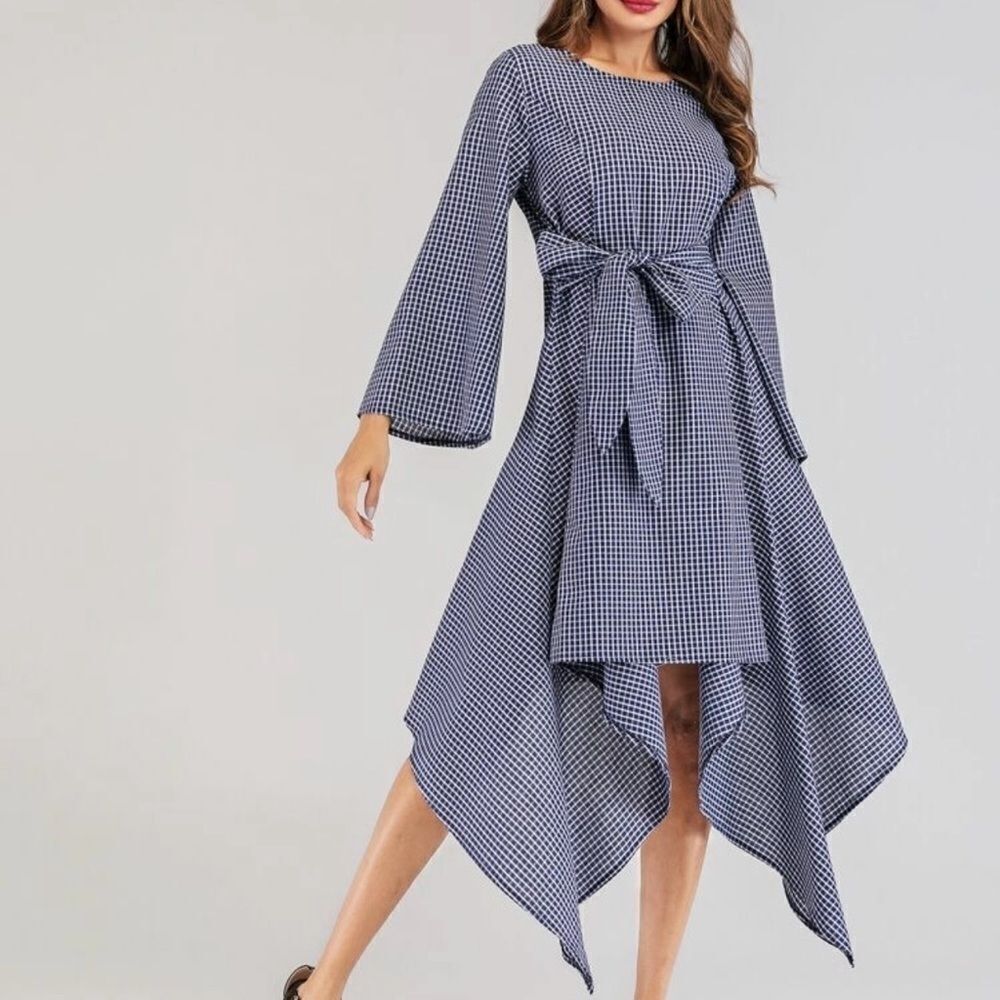 Plaid asymmetrical hem long sleeve dress
